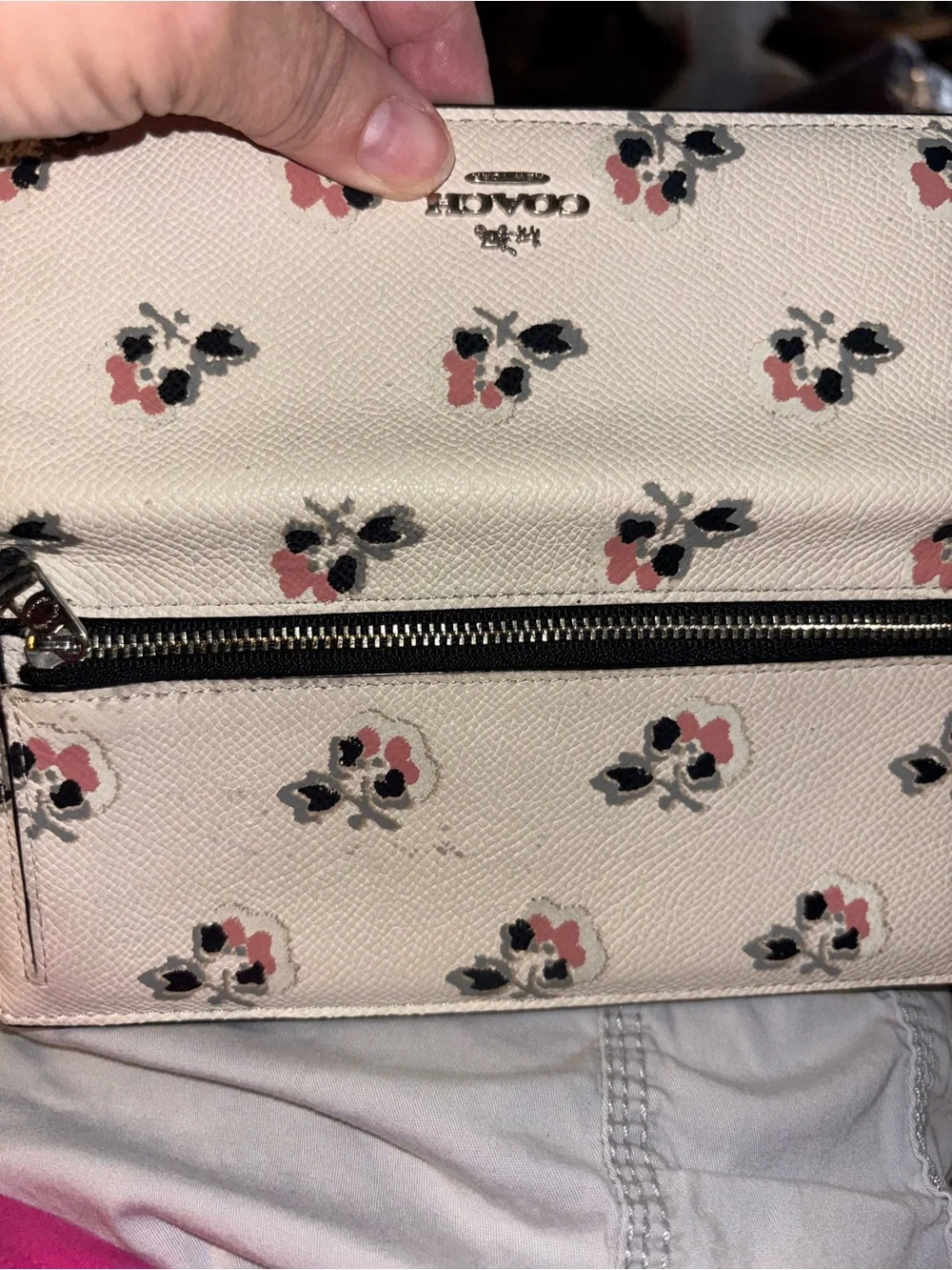 Coach Cream Floral Leather Wallet with Pink and Black Accents
